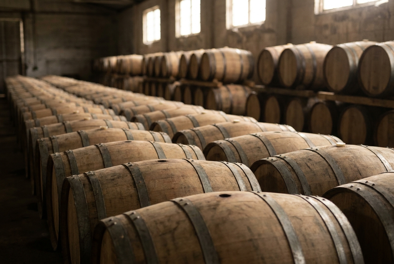 Rows of oak whisky barrels resting in a cool warehouse, where climate shapes how fast whisky matures