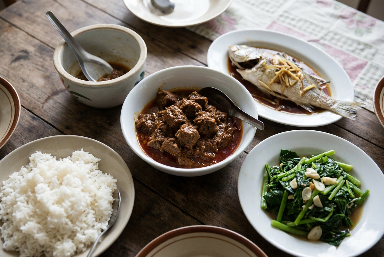 A malaysian home dinner table with beef rendang, rice, steamed fish and stir-fried greens, the kind of meal a whisky choice has to suit