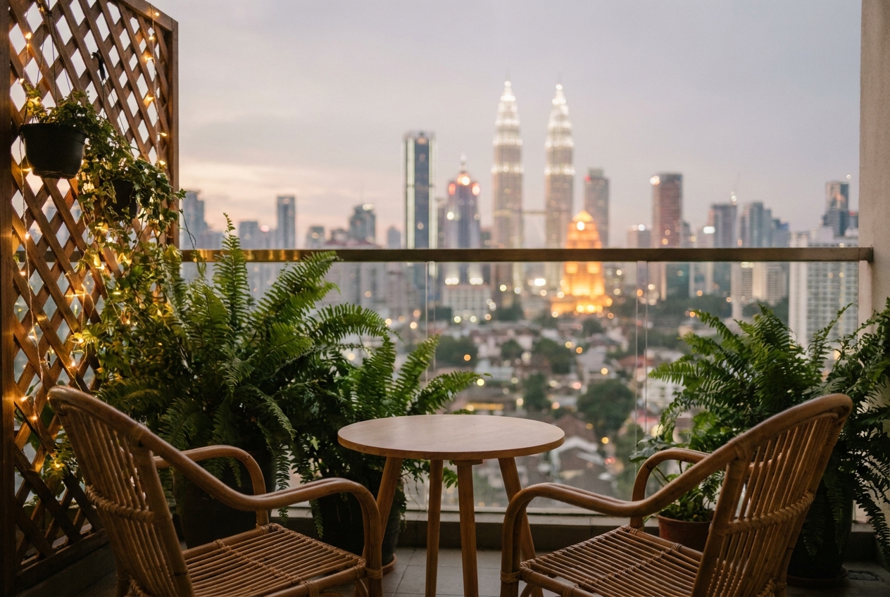 A kuala lumpur balcony at dusk with two rattan chairs and the city skyline, a quiet place to compare two whiskies