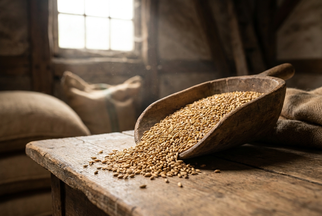 Golden malted barley grains spilling from a wooden scoop onto a wooden table in a traditional malt house, the shared first step of both styles