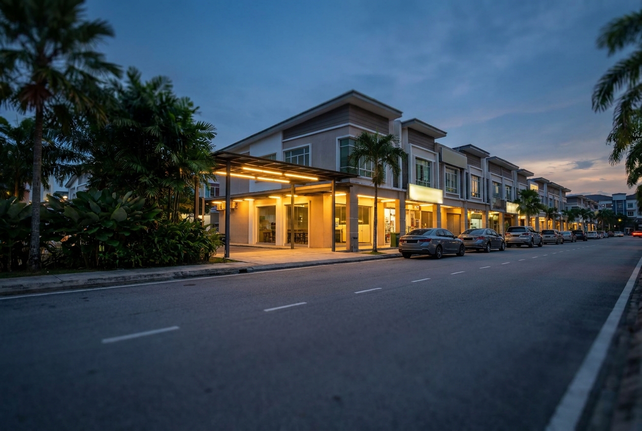 Shoplot Bar Street In Seremban At Dusk Modern shoplots with glowing shopfronts on a quiet street at dusk