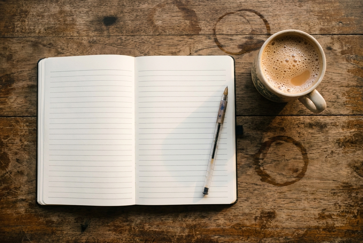 Bar Review Method Notebook Open blank notebook with a pen and a cup of coffee on a wooden table