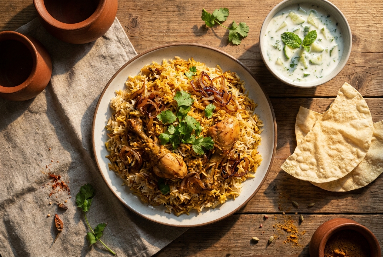 Chicken Briyani At El Dinos Plate of chicken briyani with raita and papadum seen from above