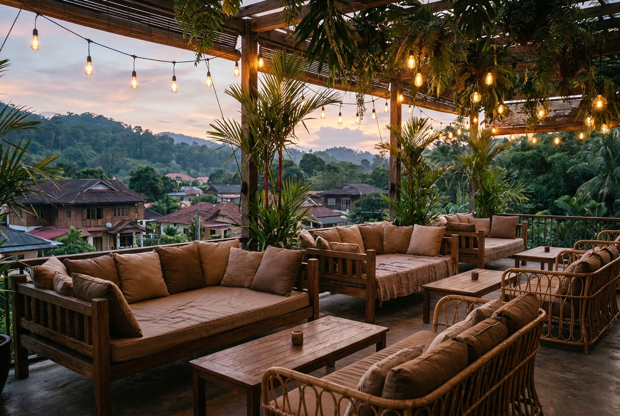 Twilight Open-Air Terrace Seating Quiet open-air terrace with cushioned seats and string lights at dusk