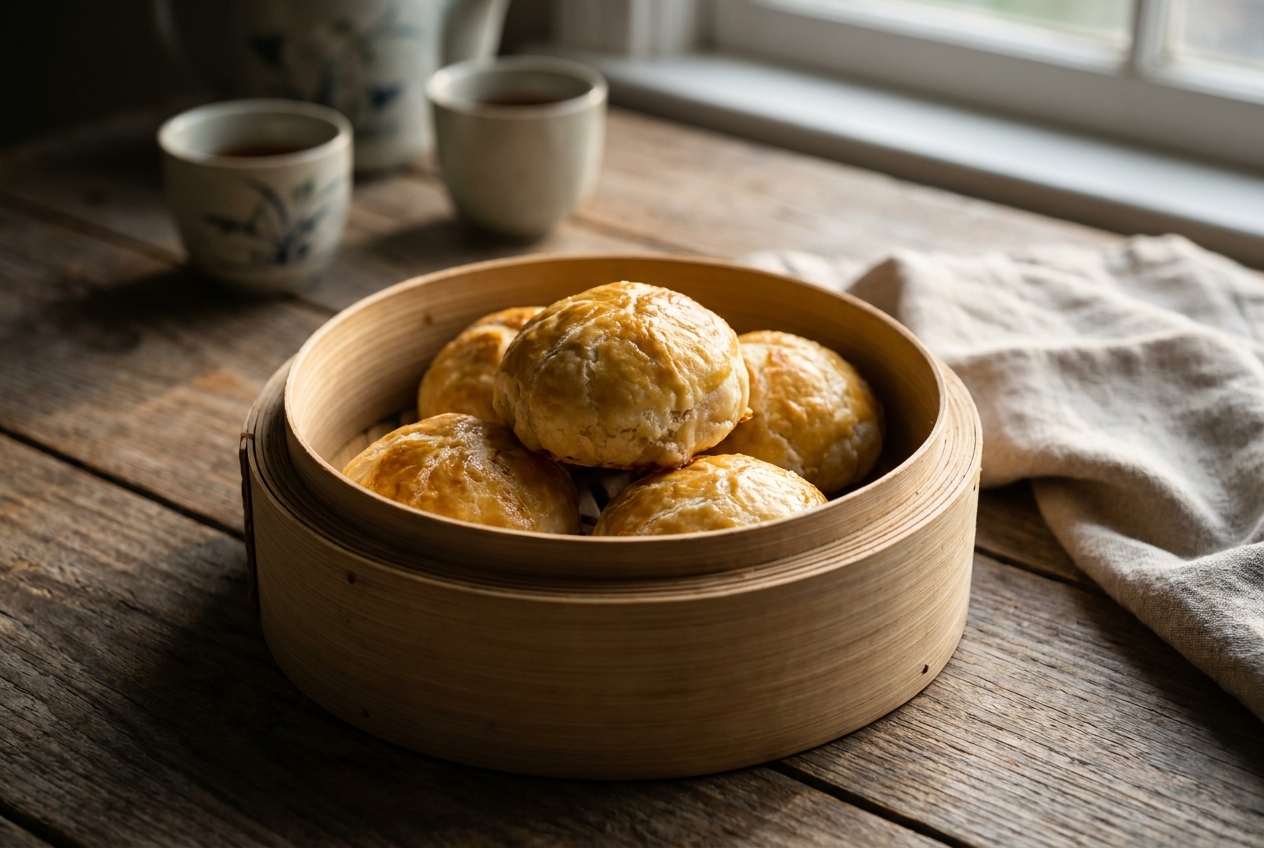 Siew Pau Buns In Bamboo Basket Bamboo basket of baked siew pau buns on a table