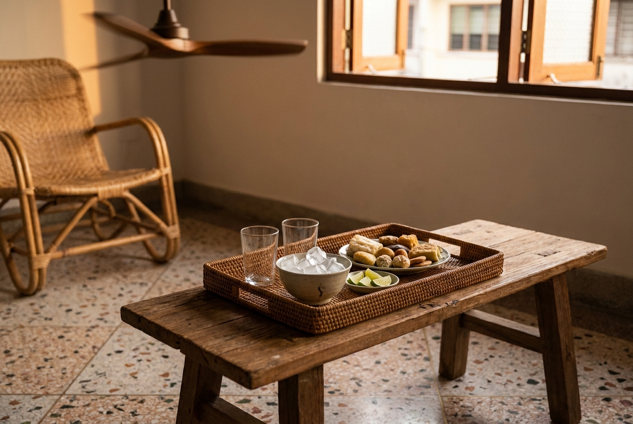 Home Bar Tray With Ice And Lime Rattan tray with two empty tumblers, ice and lime wedges on a low wooden table
