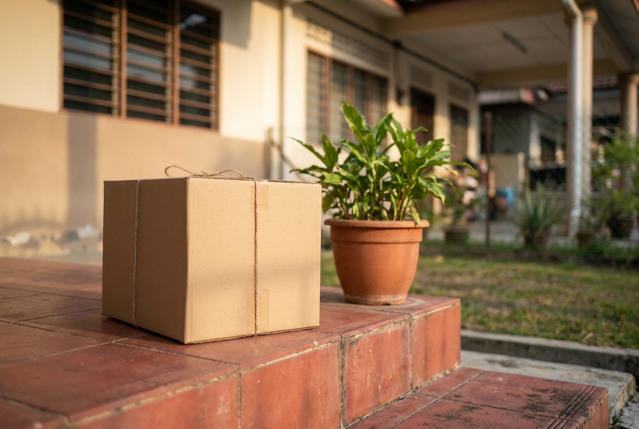 Bottle Delivery Parcel At The Door Brown cardboard parcel on a tiled porch step beside a potted plant
