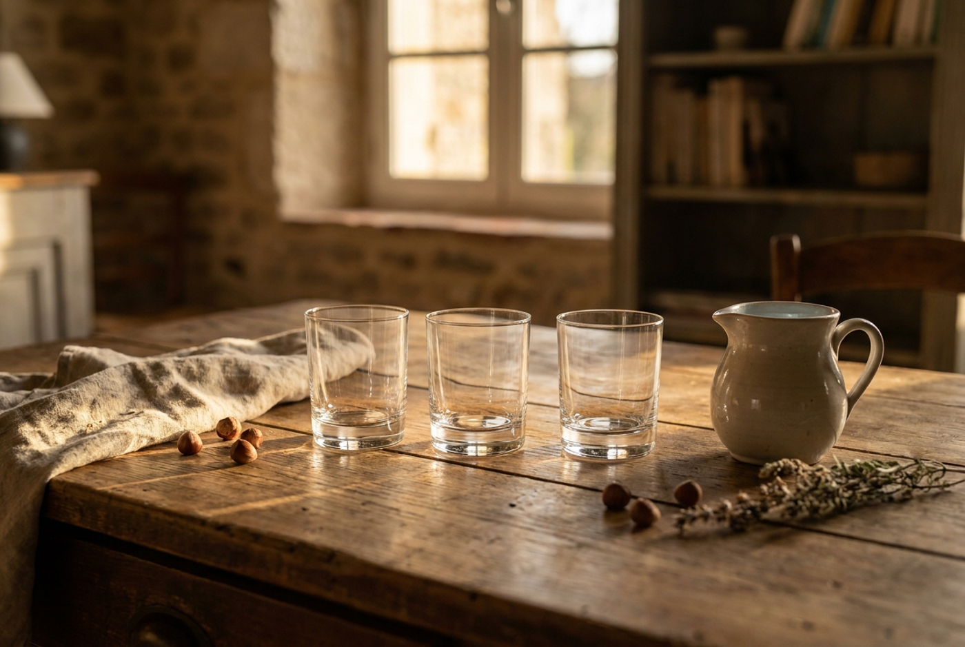 Three whisky glasses lined up on a wooden table beside a small water jug