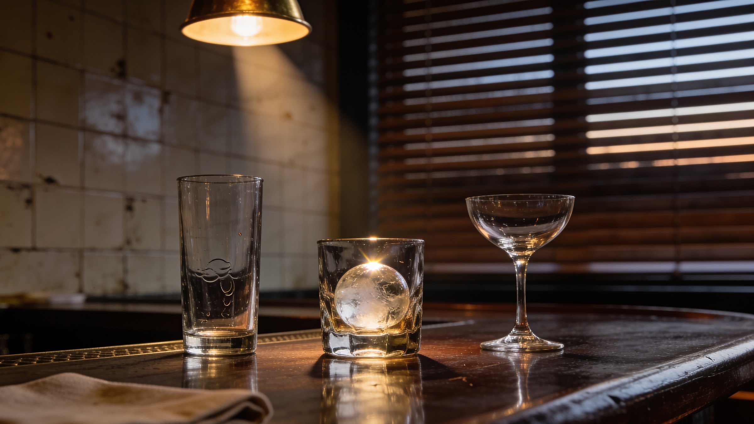 Empty late-evening bar top with three different glasses and an ice sphere in warm lamplight, wooden blind behind