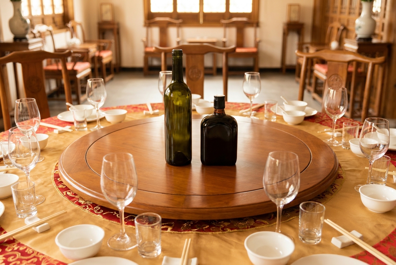 Round banquet table seen from above set with glasses and bottles
