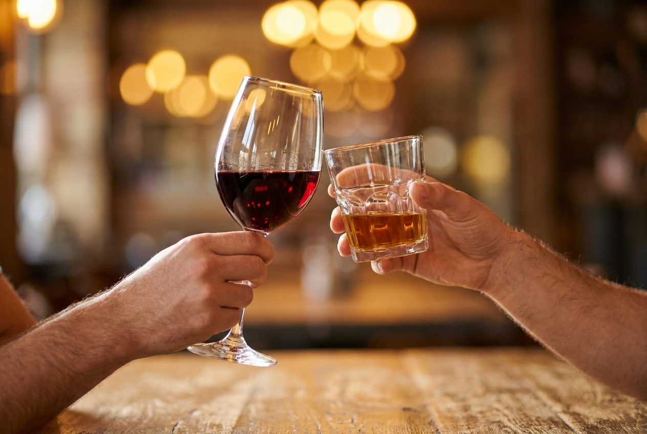 Two raised glasses touching in warm light, hands only, no faces
