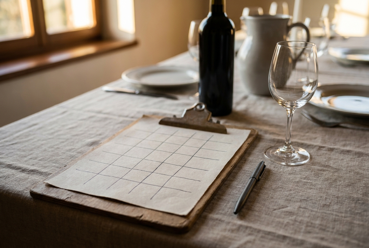 Clipboard with a bottles-per-table planning chart resting on a table