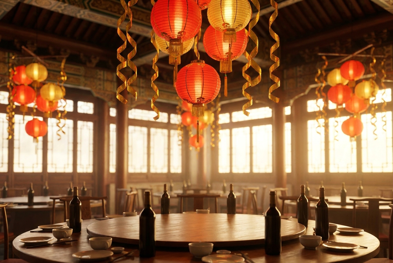 Red and gold paper lanterns hanging in an empty banquet hall