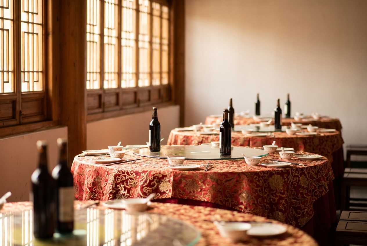 Empty chinese wedding banquet hall with round tables set for dinner