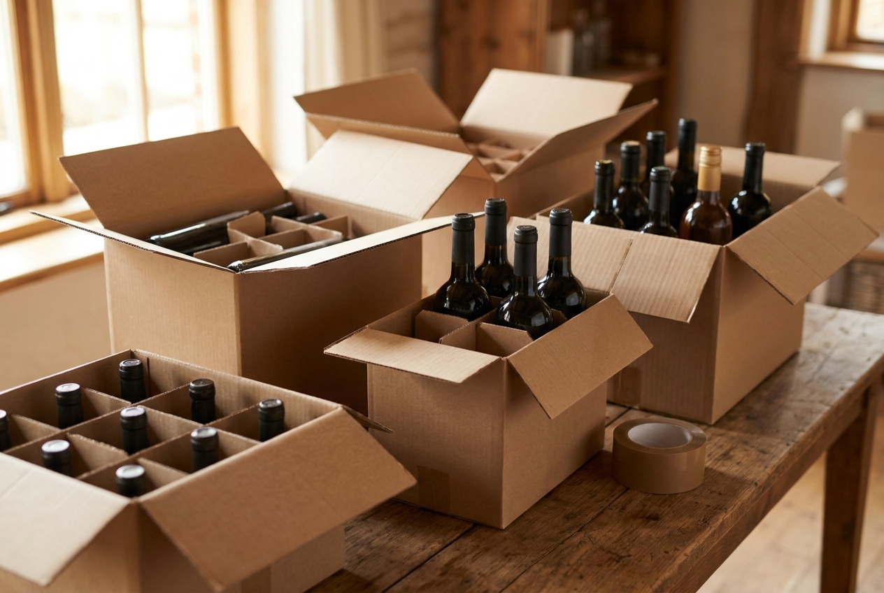 Plain cardboard boxes with bottles packed in dividers ready for delivery