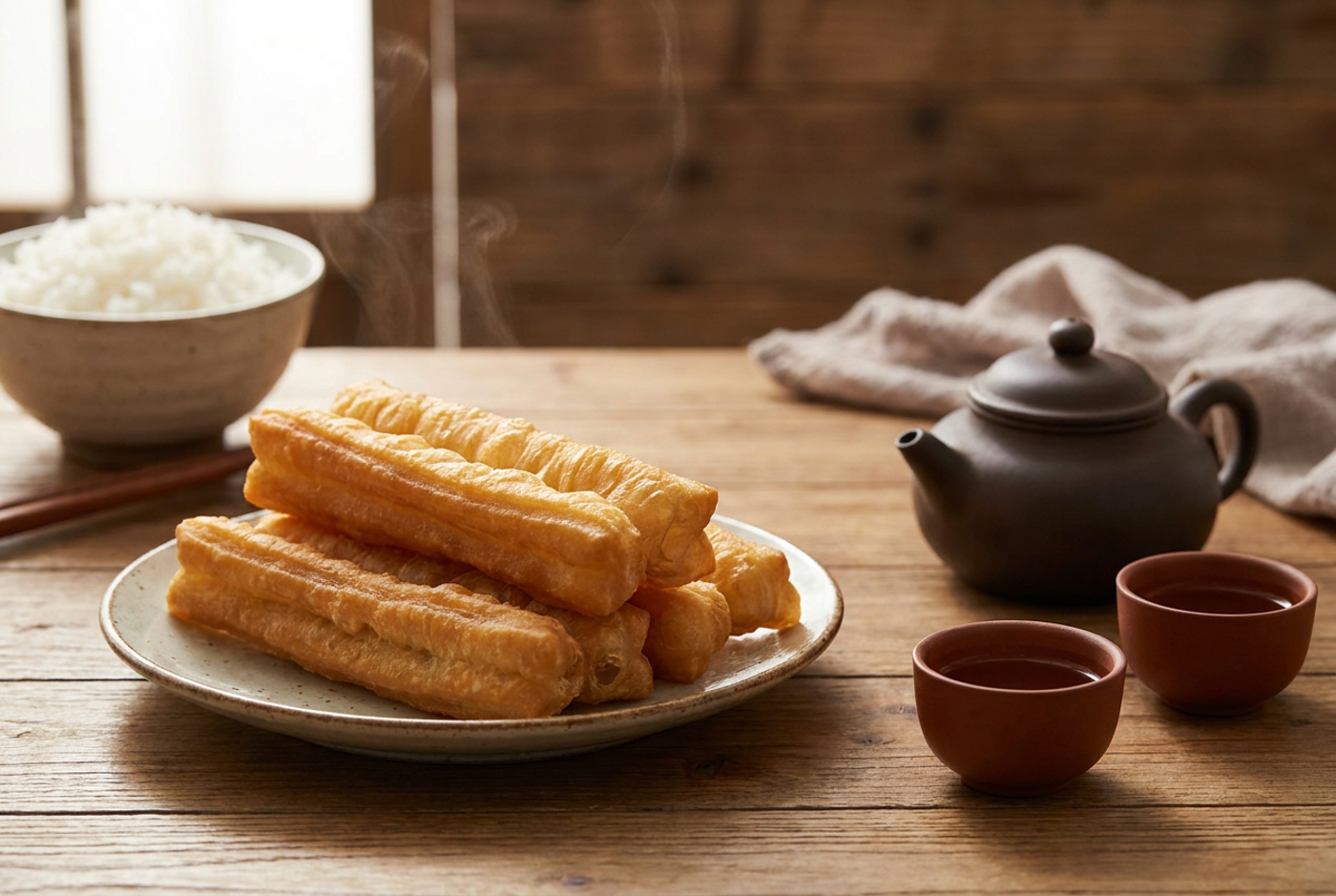 Plate of golden fried dough sticks, a bowl of rice, and a small teapot with cups